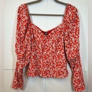 Anthropologie Red and White Floral V-neck Puff-Sleeve Boho Blouse Size L